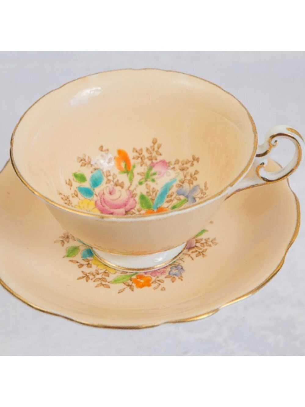 VINTAGE FOLEY English China Teacup and Saucer PEACH MULTI COLOURED FLORA…